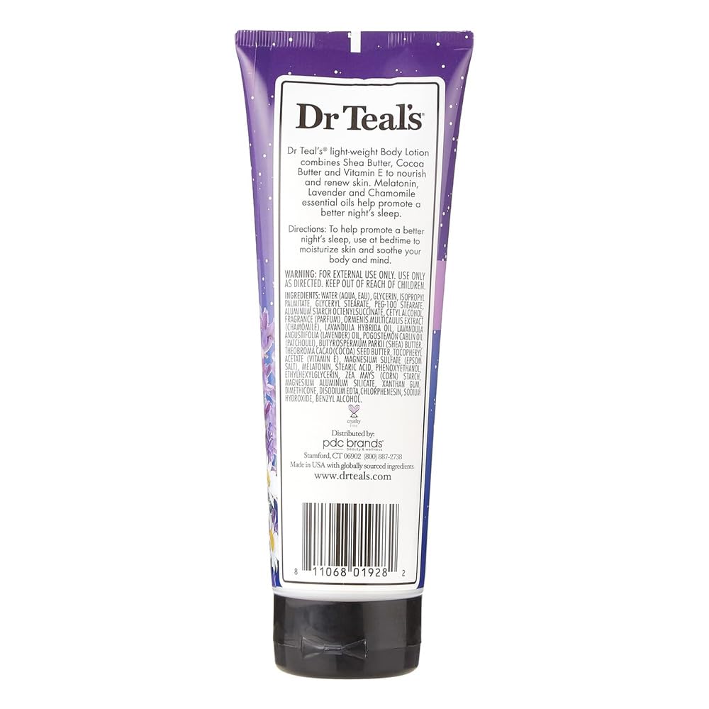 Dr Teals purple tube sleep lotion with melatonin back label showing product name ingredients and barcode