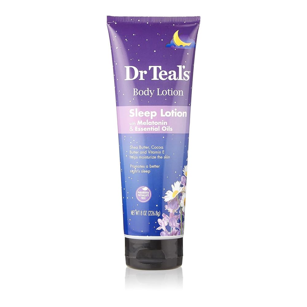 Dr Teals purple body lotion tube with moon and flowers sleep lotion with melatonin for nighttime moisturizing