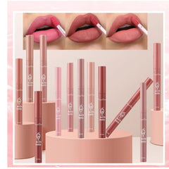 Huitich waterproof matte lip gloss set in various nude and pink shades with applicator shown on lips