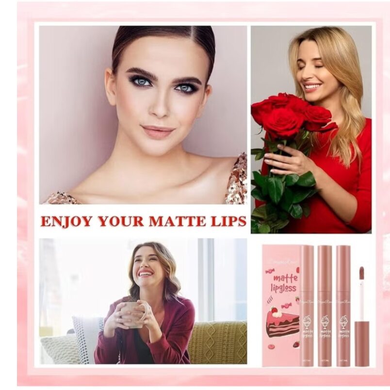 Huitich waterproof matte lip gloss set with nude shades and packaging, worn by smiling women