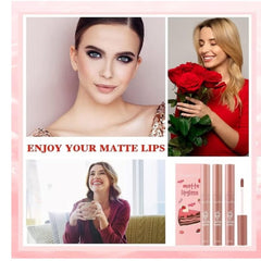 Huitich waterproof matte lip gloss set with nude shades and packaging, worn by smiling women