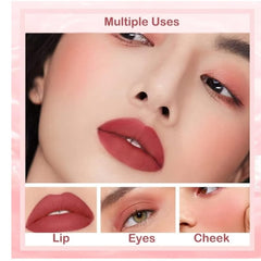 Huitich waterproof matte lip gloss set showing deep red color used on lips eyes and cheeks