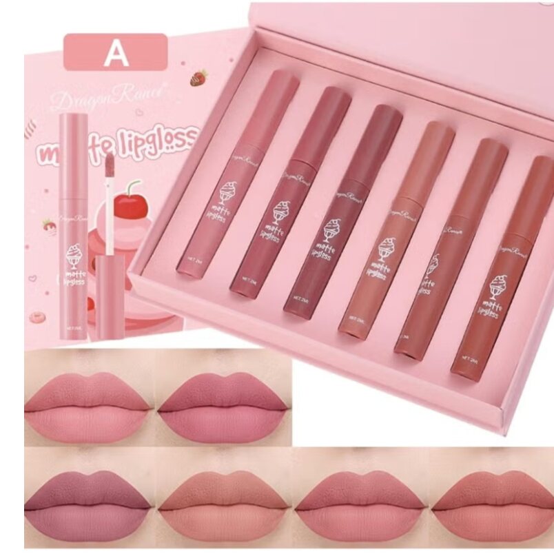 Huitich waterproof matte lip gloss set with six shades in pink and nude tones in pink packaging