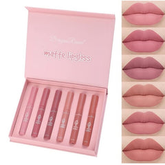 Huitich waterproof matte lip gloss set with six shades displayed in a pink box and swatched on lips