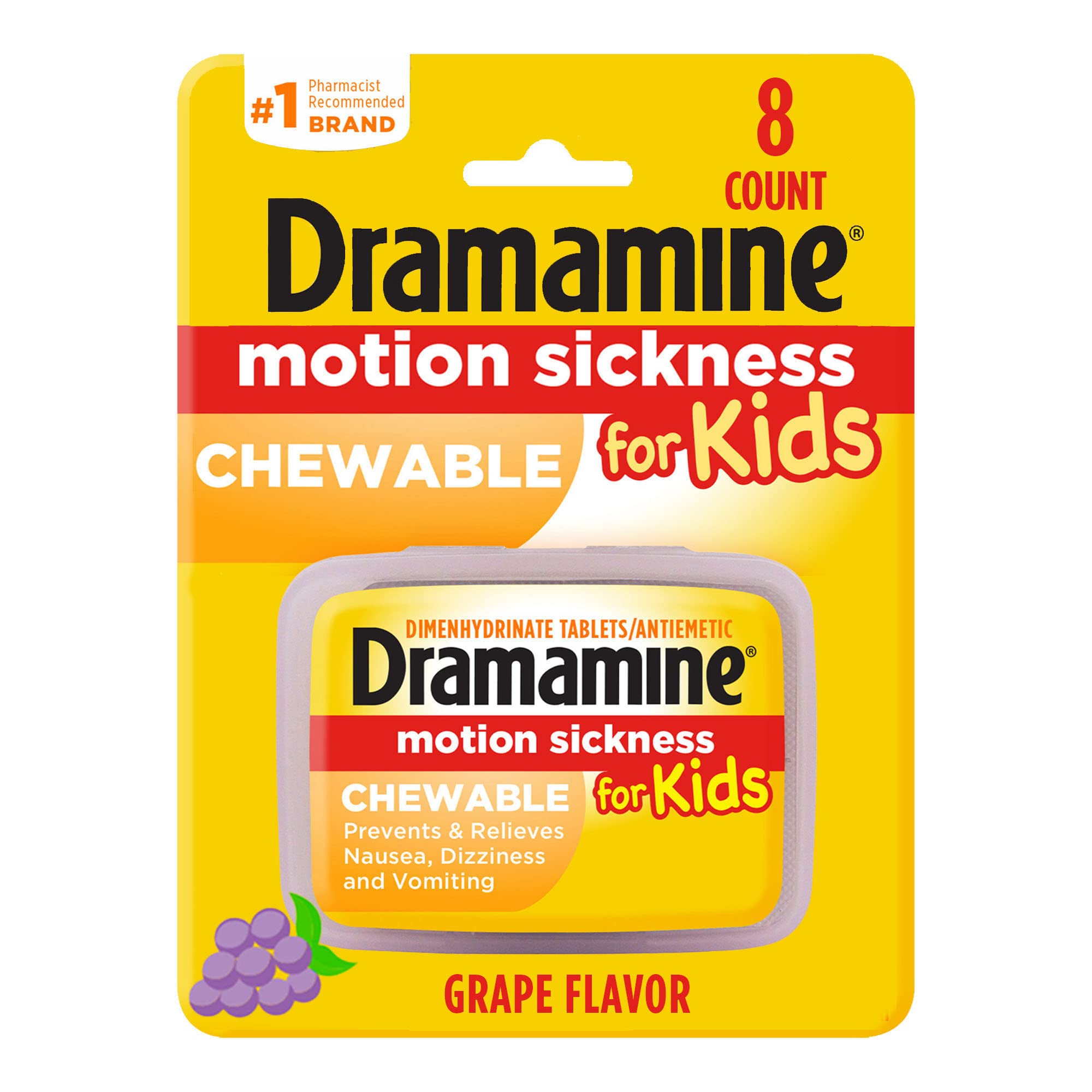 Dramamine motion sickness relief for children chewable tablets for kids grape flavor 8 count package