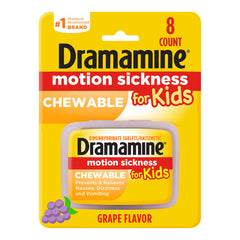 Dramamine motion sickness relief for children chewable tablets for kids grape flavor 8 count package