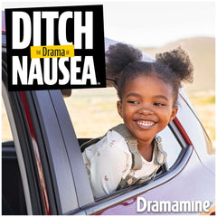 Smiling young girl leaning from car window with Dramamine motion sickness relief for children logo and slogan