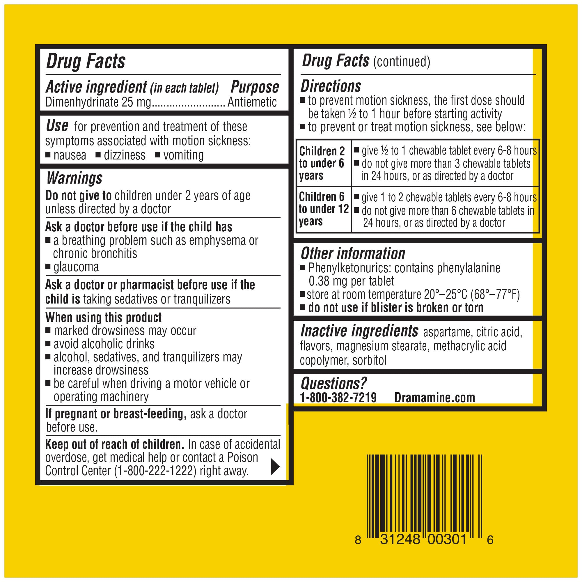 Dramamine motion sickness relief for children. Yellow back label showing Drug Facts directions warnings dosage and barcode