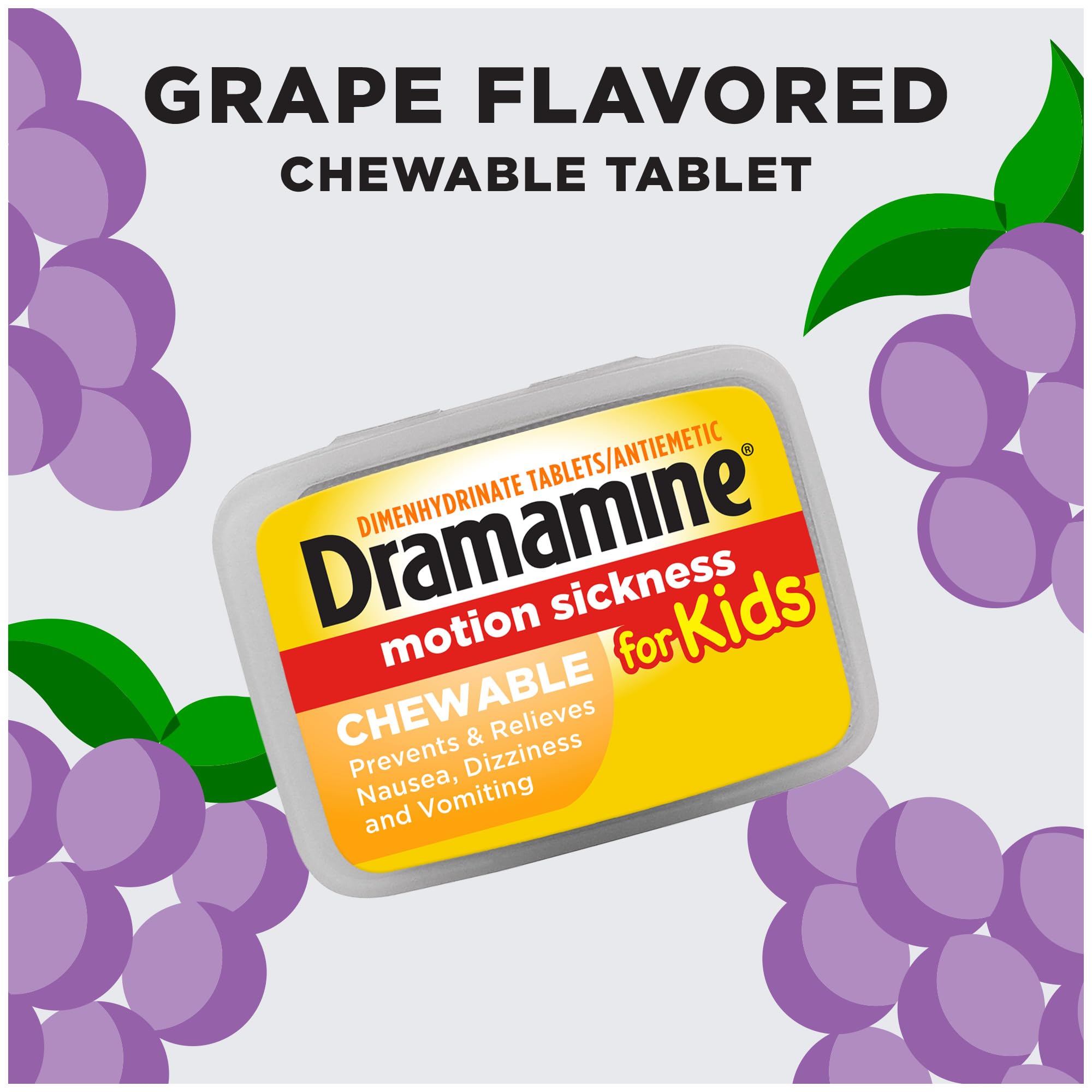 Yellow Dramamine chewable tablet tin with grape design and purple grapes background Dramamine motion sickness relief for children.