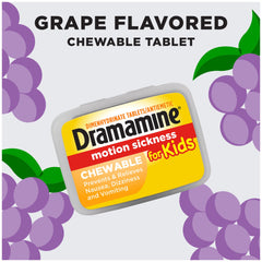 Yellow Dramamine chewable tablet tin with grape design and purple grapes background Dramamine motion sickness relief for children.