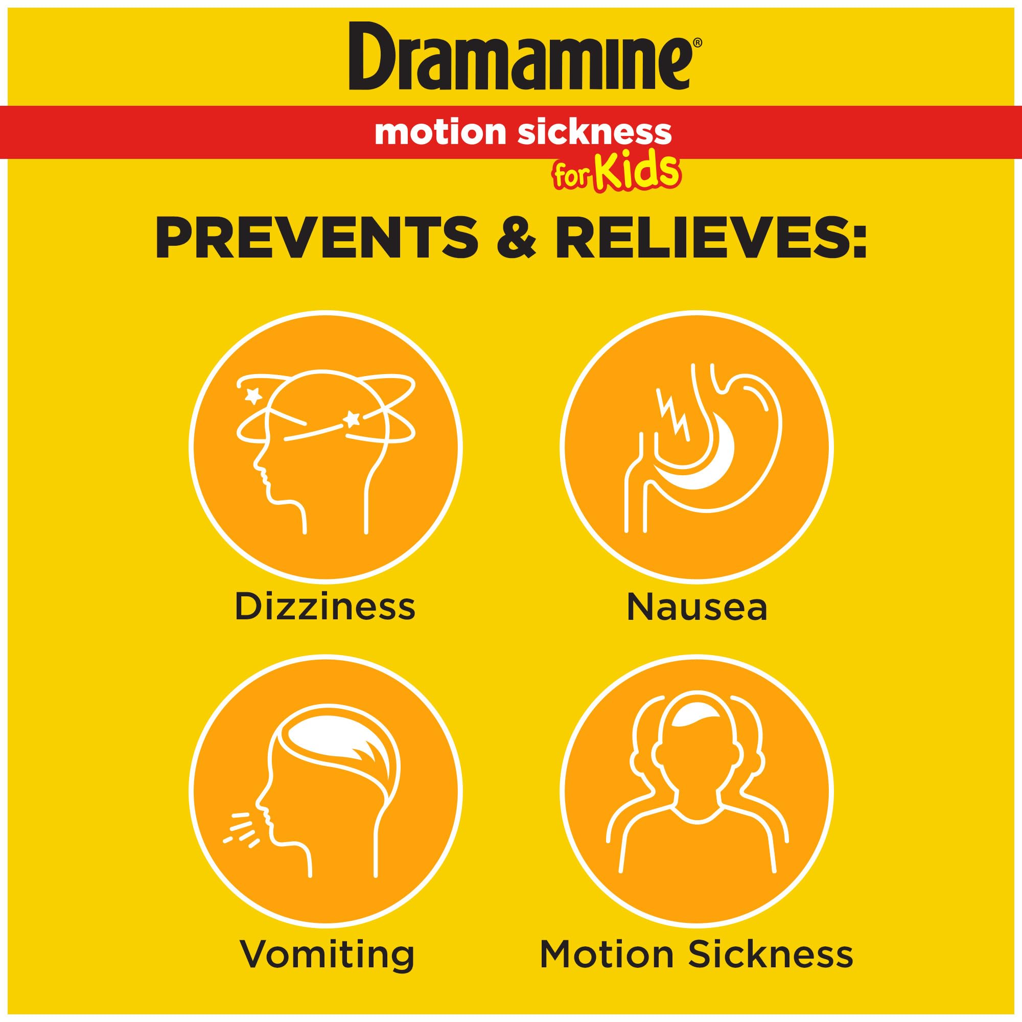 Dramamine motion sickness relief for children with icons for dizziness nausea vomiting motion sickness