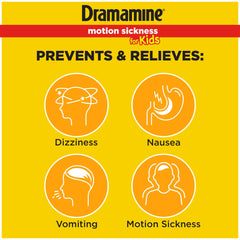 Dramamine motion sickness relief for children with icons for dizziness nausea vomiting motion sickness