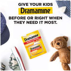 Box of Dramamine motion sickness relief for children. Chewable kids pack with teddy bear and sneakers
