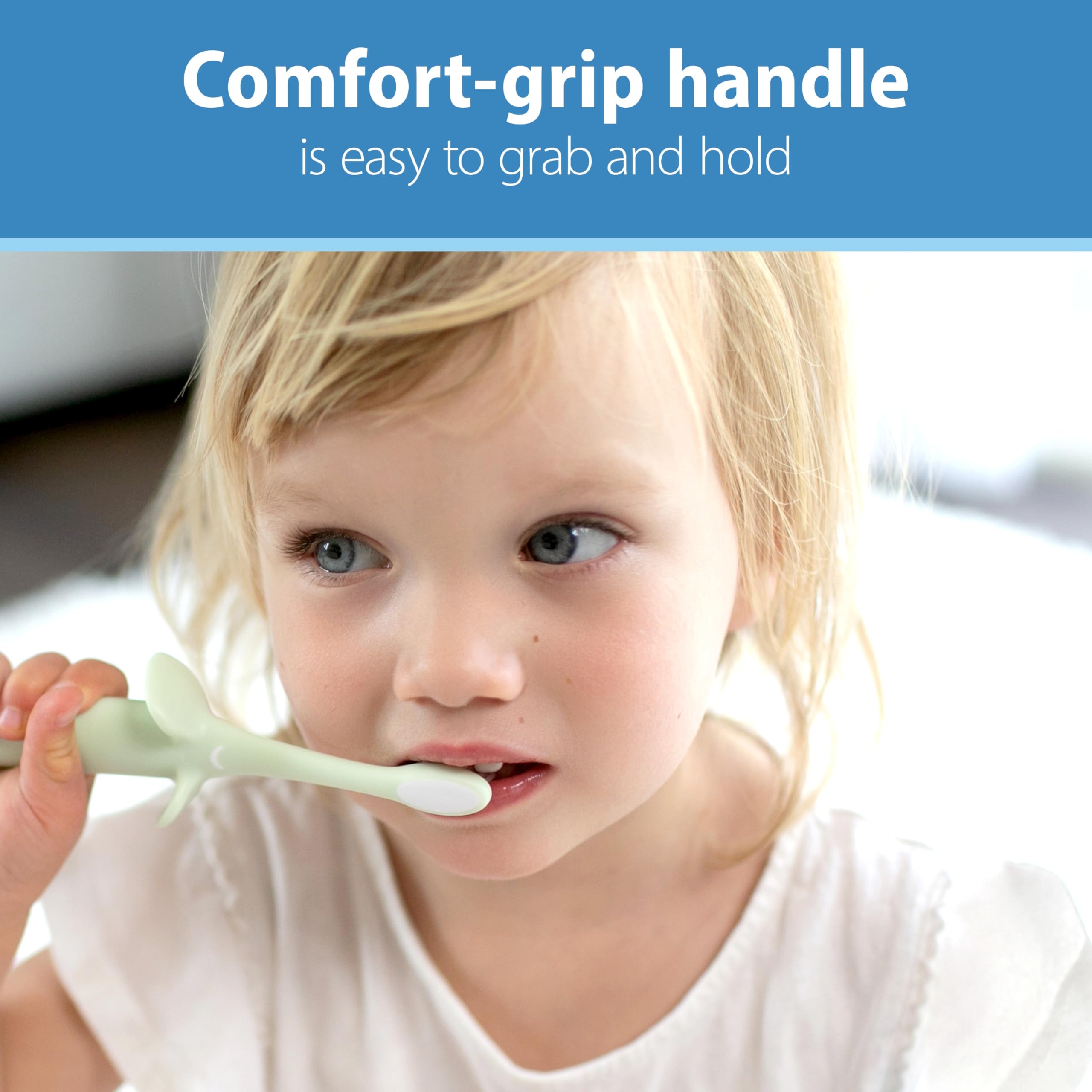 Dr Browns infant toothbrush 0-3 years with comfort grip handle shown in toddler brushing teeth