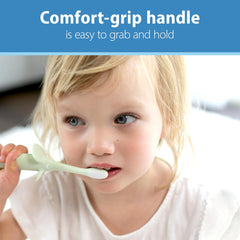 Dr Browns infant toothbrush 0-3 years with comfort grip handle shown in toddler brushing teeth