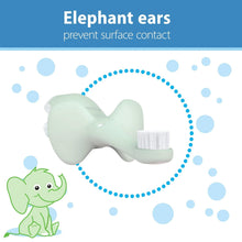 Mint elephant toothbrush with rounded ears design and white bristles