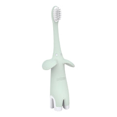 Dr Browns mint green elephant silicone infant toothbrush 0-3 years with soft bristles and stand base
