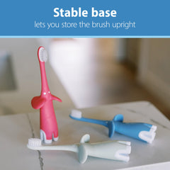 Dr Browns elephant design infant toothbrush 0-3 years in pink blue and white with stable upright base