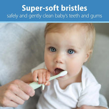 Mint elephant baby toothbrush with soft bristles, held near a baby's mouth