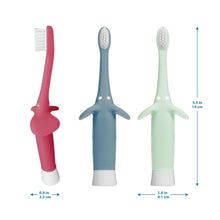 Set of 3 elephant-handle toothbrushes: pink, blue, and mint with soft bristles