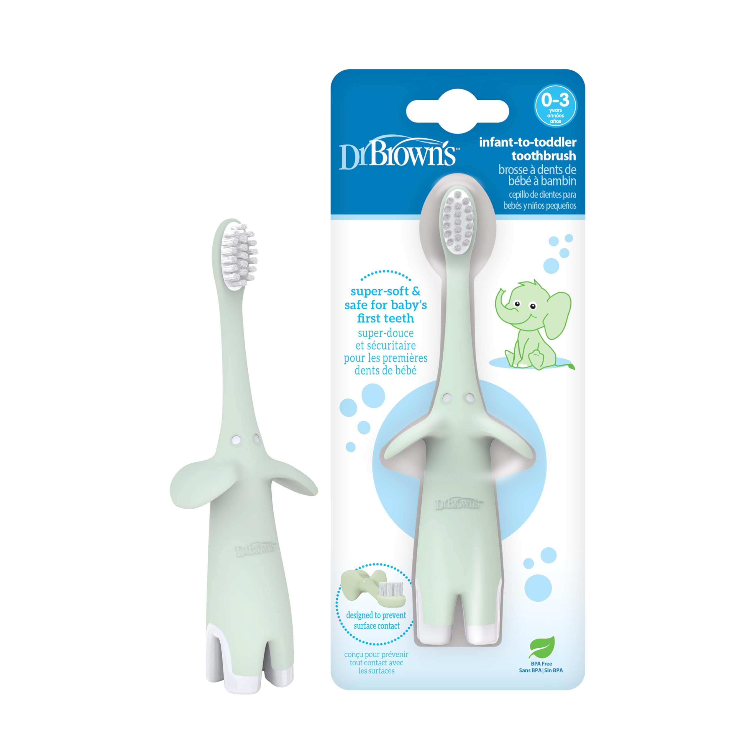 Dr Browns mint green infant toothbrush 0-3 years with soft bristles ergonomic grip and playful doll shaped handle