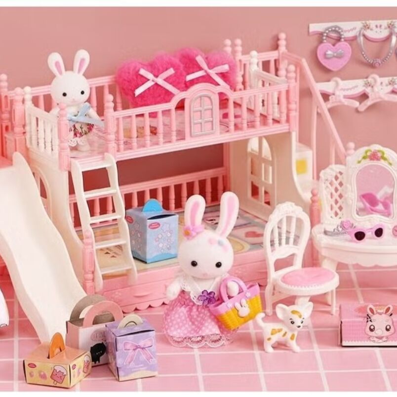 Huitich pink play house toy set with dolls featuring bunny figures, slide, and miniature furniture