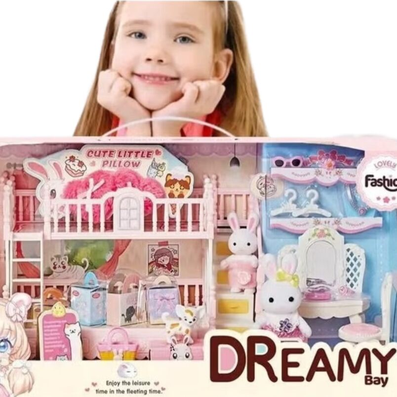 Huitich play house toy set with dolls featuring a pink and blue dollhouse with animals and accessories
