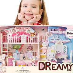 Huitich play house toy set with dolls featuring a pink and blue dollhouse with animals and accessories