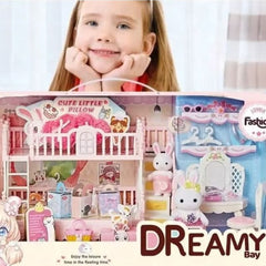 Huitich play house toy set with dolls featuring pink and blue dollhouse with furniture and accessories