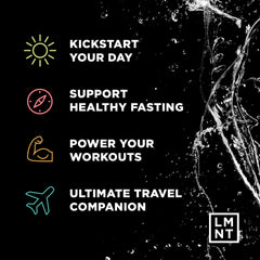 Promotional black water splash graphic for LMNT zero sugar electrolyte drink mix showing benefit icons and text