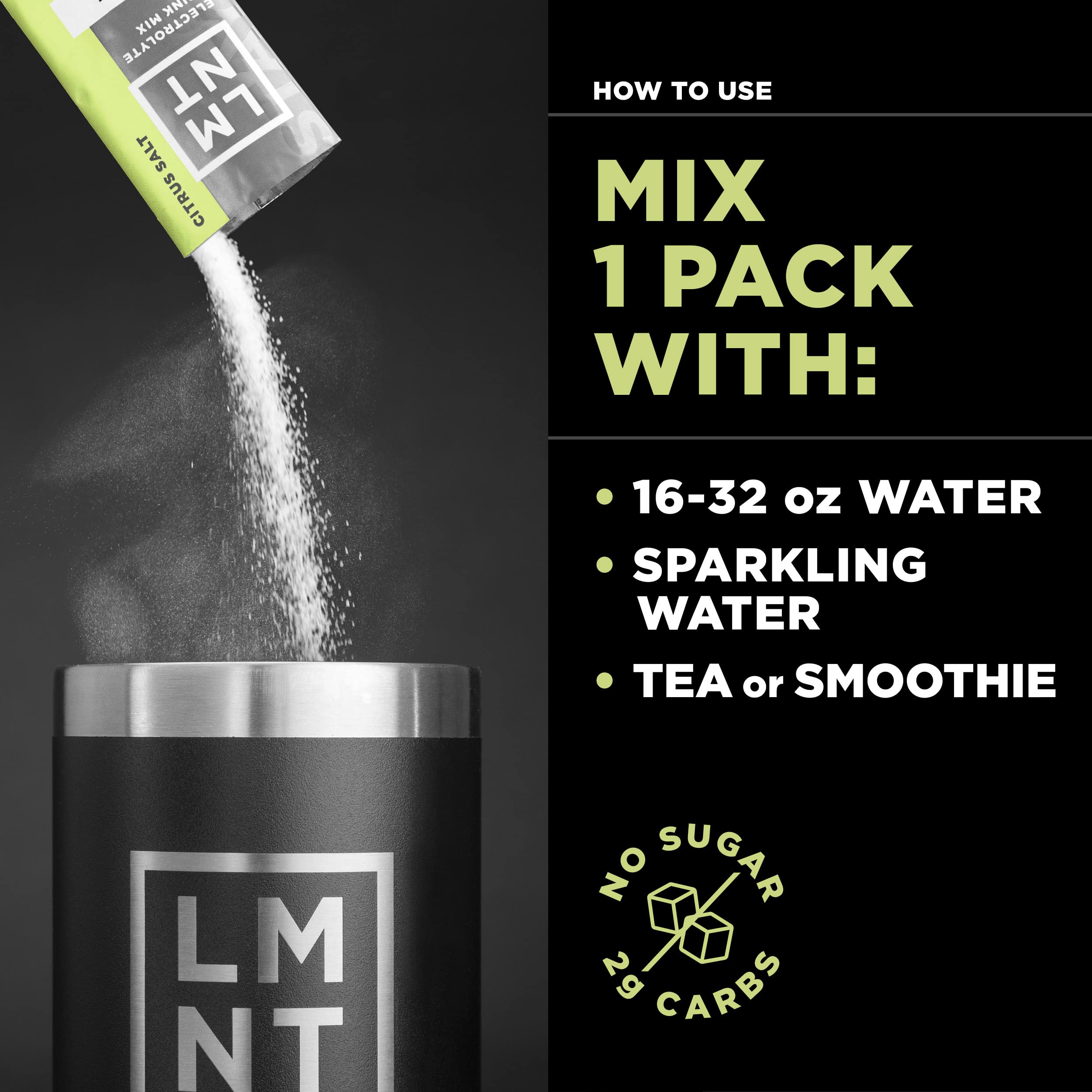 LMNT zero sugar electrolyte drink mix packet pouring powder into black LMNT tumbler with mixing instructions