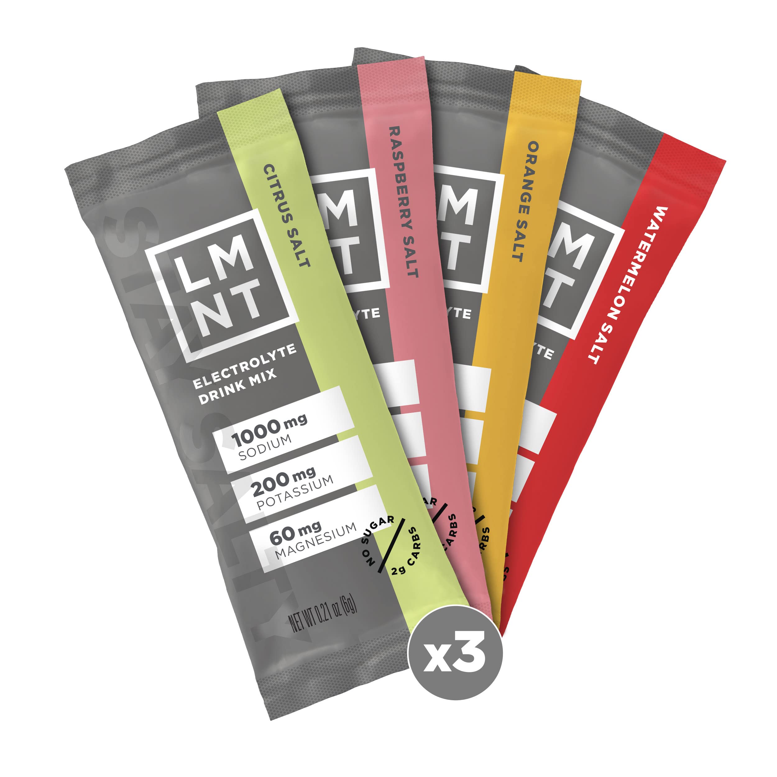 LMNT zero sugar electrolyte drink mix four stick packets in citrus salt raspberry salt orange salt watermelon salt