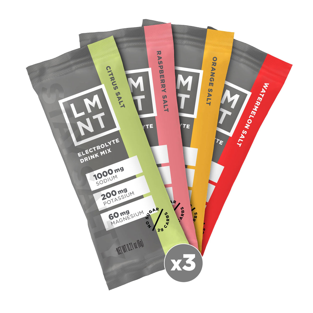 LMNT zero sugar electrolyte drink mix four stick packets in citrus salt raspberry salt orange salt watermelon salt