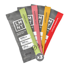 LMNT zero sugar electrolyte drink mix four stick packets in citrus salt raspberry salt orange salt watermelon salt