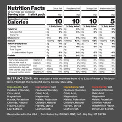 Nutrition facts label for LMNT zero sugar electrolyte drink mix showing four flavors and mixing directions
