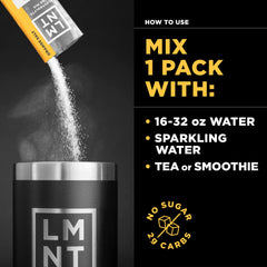 LMNT zero sugar electrolyte drink mix packet pouring into black LMNT tumbler with usage options water sparkling tea or smoothie
