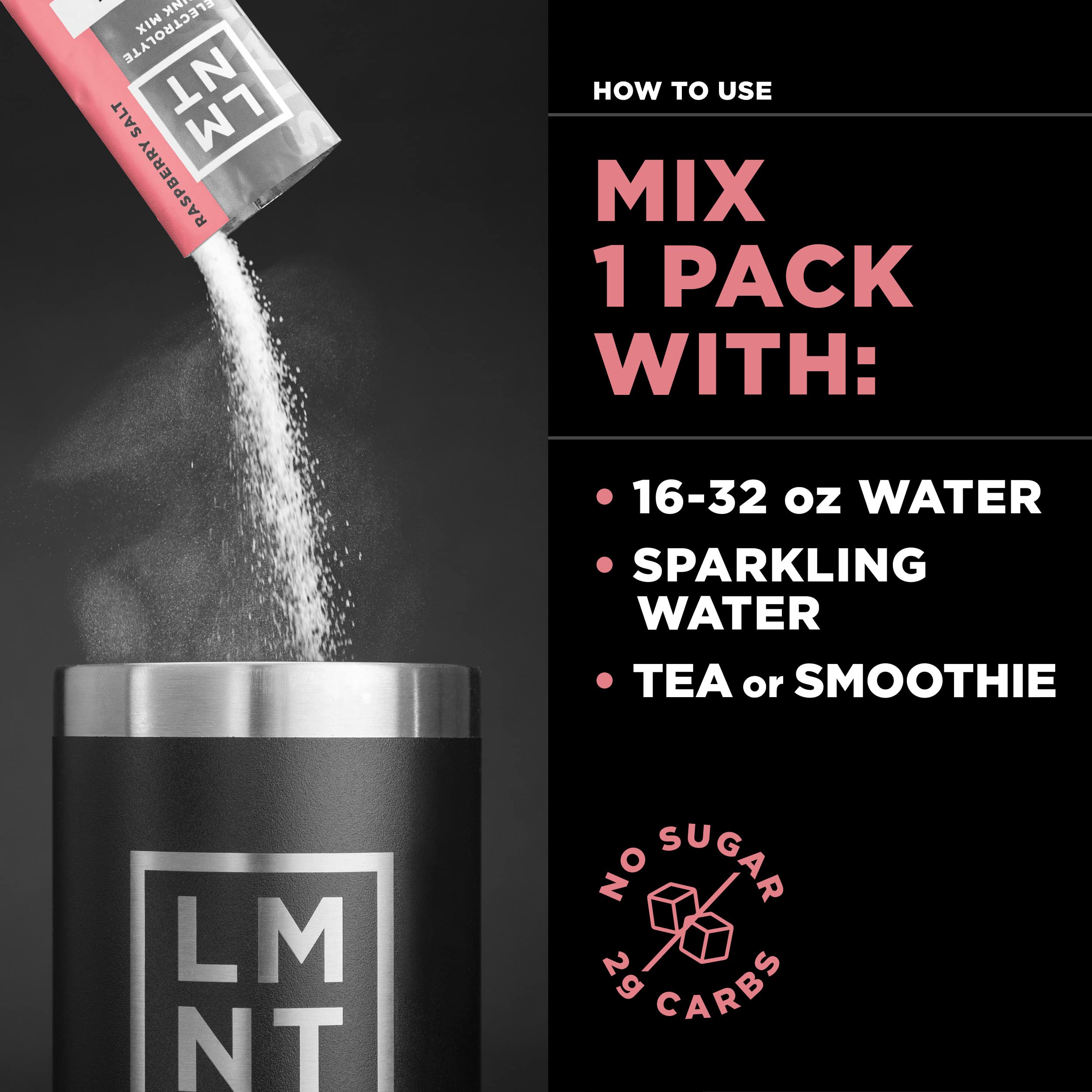 LMNT zero sugar electrolyte drink mix packet pouring powder into black LMNT tumbler with mix instructions for water or sparkling