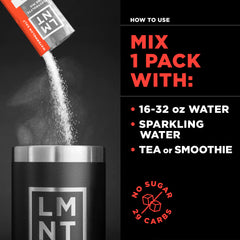 LMNT zero sugar electrolyte drink mix packet pouring white powder into black LMNT tumbler with mixing instructions