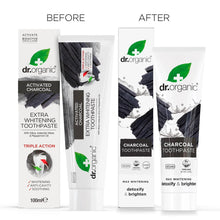Dr. Organic charcoal toothpaste before-and-after packaging with extra whitening claims