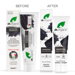 Dr. Organic charcoal toothpaste UAE showing before and after activated charcoal whitening packaging