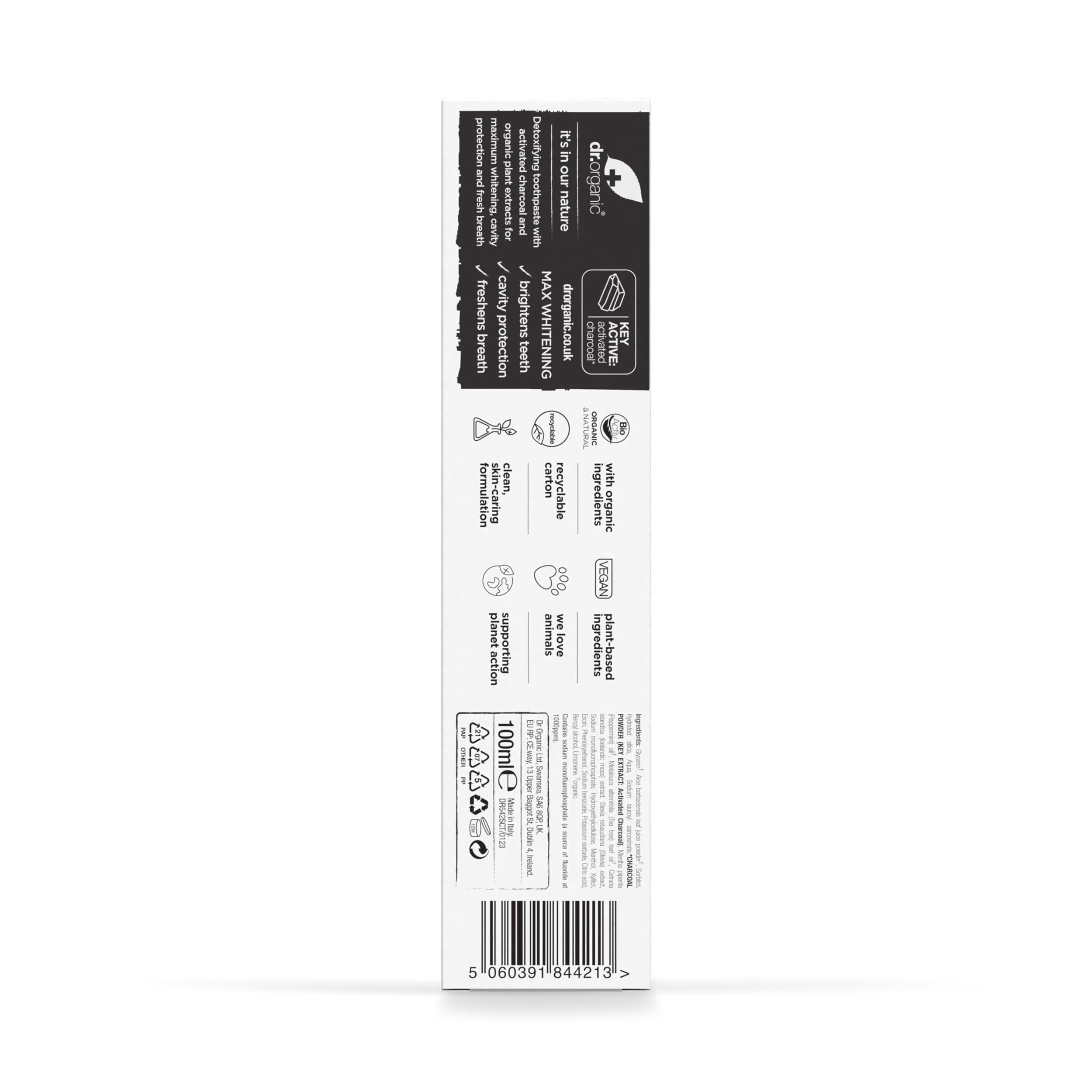 Back of Dr. Organic toothpaste box showing icons ingredient info and barcode Dr. Organic charcoal toothpaste UAE
