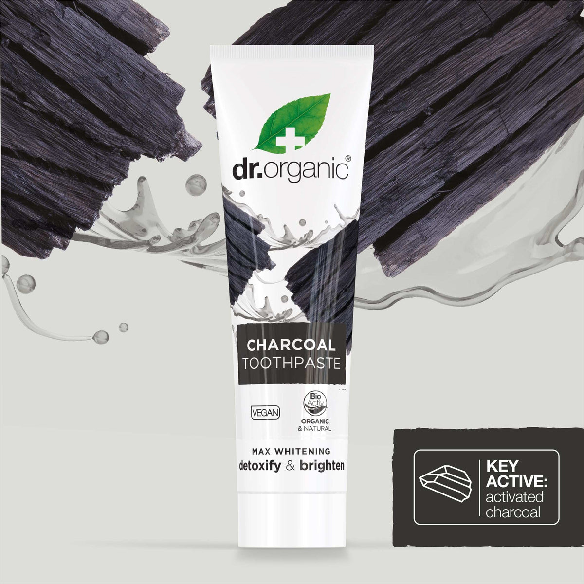 Dr. Organic charcoal toothpaste UAE tube with activated charcoal graphics showing detoxify and whitening