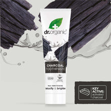Dr. Organic charcoal toothpaste tube with 'Key Active: activated charcoal' panel