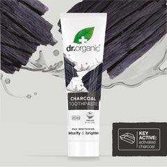 Dr. Organic charcoal toothpaste UAE tube with activated charcoal graphics showing detoxify and whitening