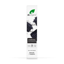 Dr. Organic charcoal toothpaste carton front, max whitening detoxify & brighten