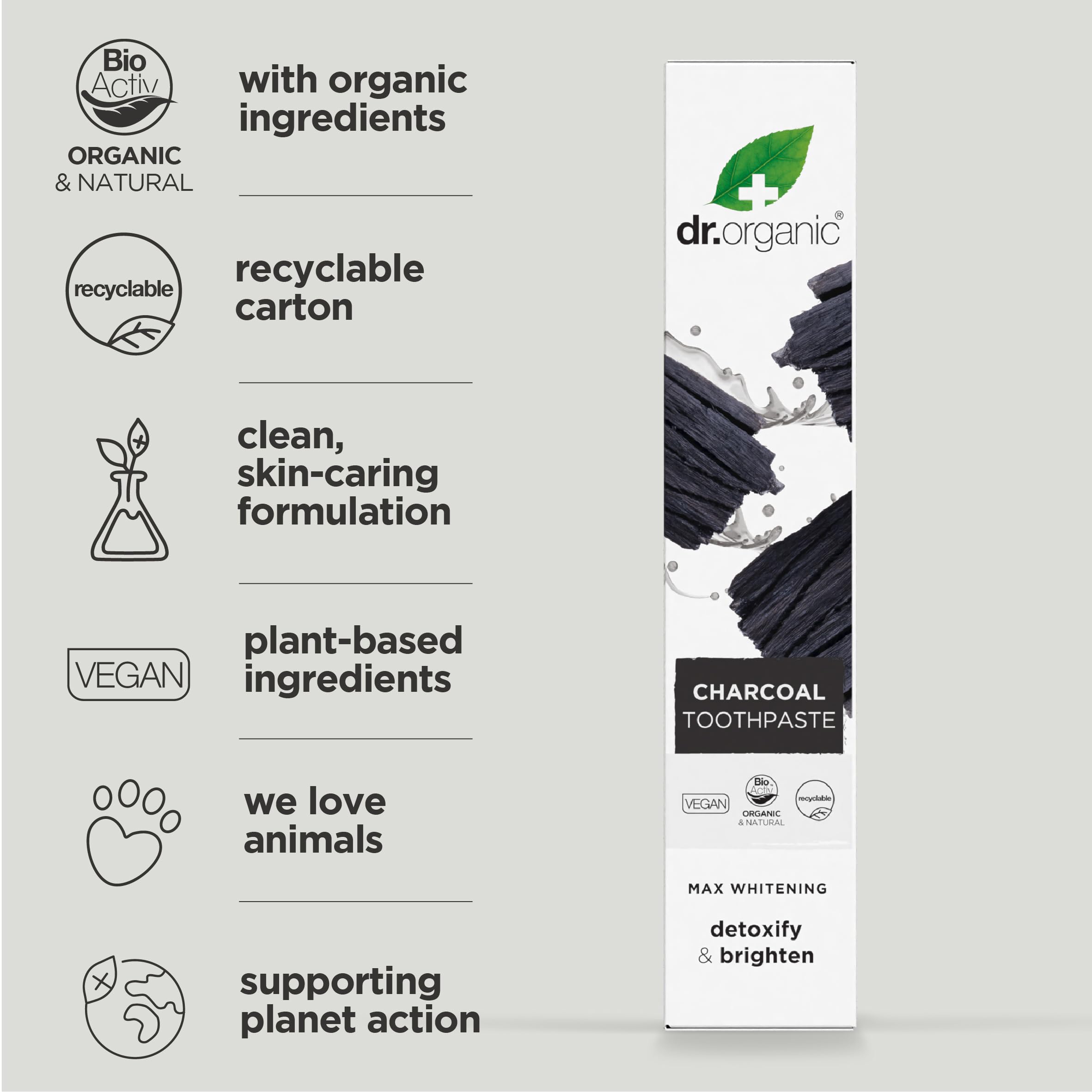 Dr. Organic charcoal toothpaste UAE box with charcoal image and labels for organic vegan recyclable carton