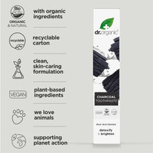 Dr. Organic charcoal toothpaste carton with bio activ and recyclable carton icons