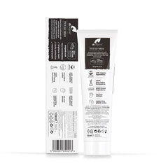 Dr. Organic charcoal toothpaste UAE tube and box back view showing black label ingredient list icons and white packaging