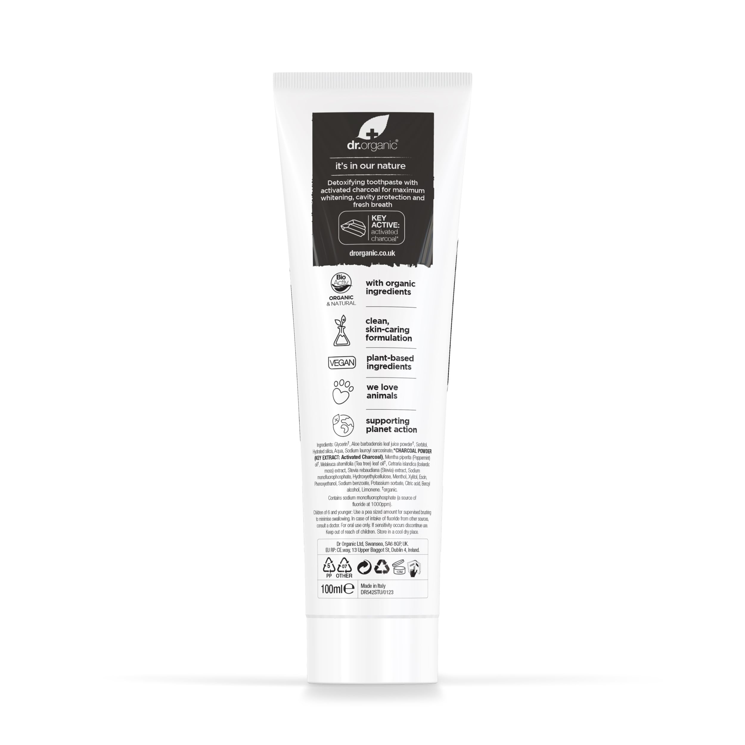Dr. Organic charcoal toothpaste UAE 100ml white tube back label showing ingredients and certifications