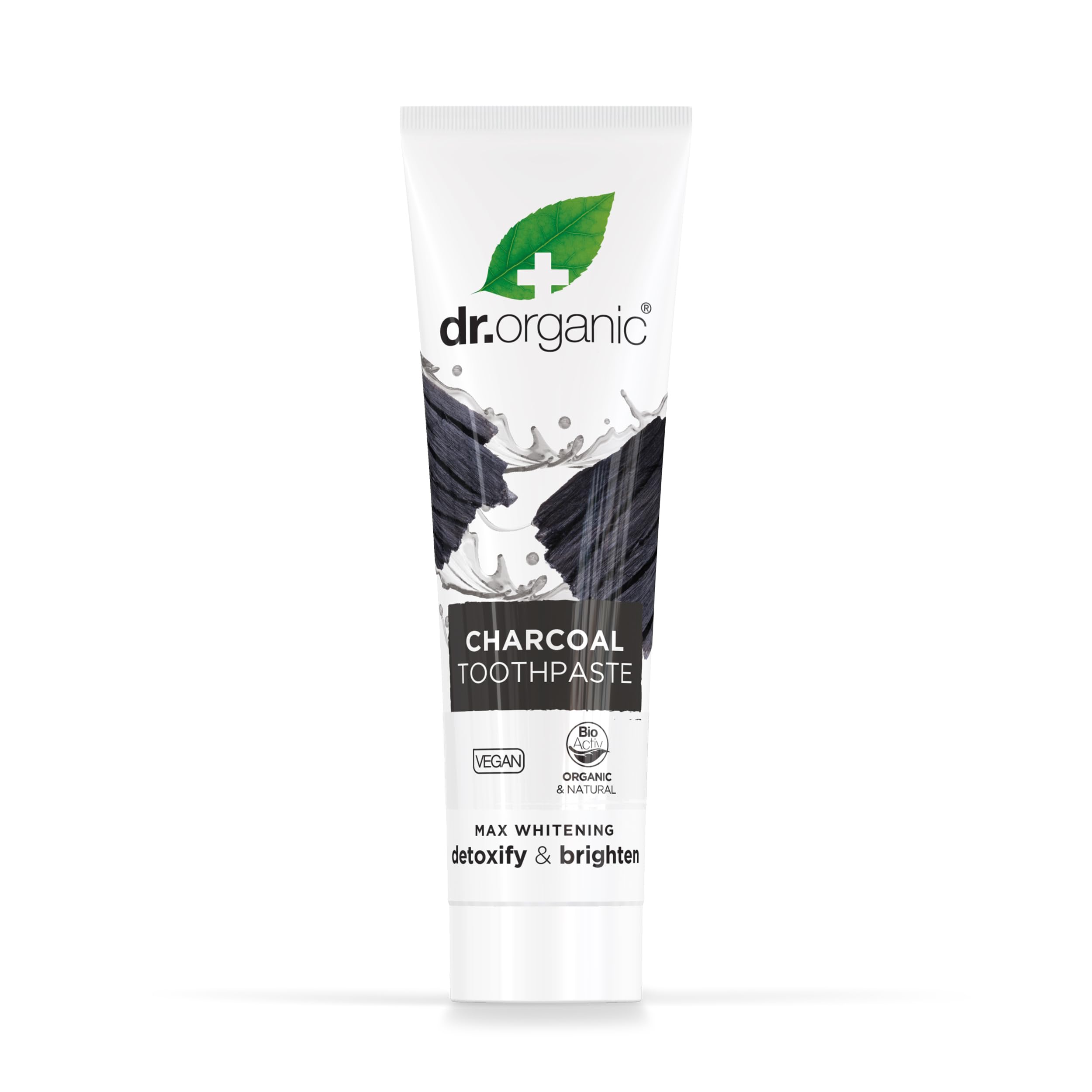 Dr. Organic charcoal toothpaste UAE tube with charcoal graphics vegan formula max whitening detoxify and brighten
